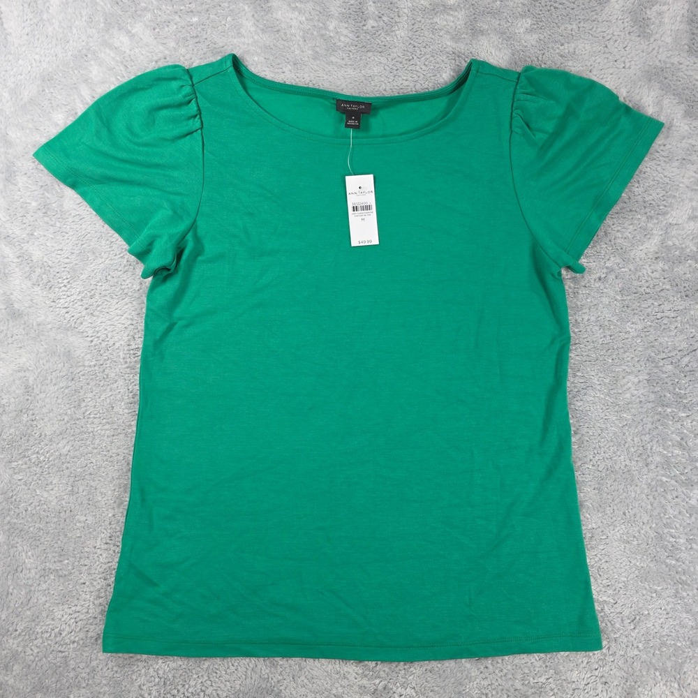 Ann Taylor Factory Puff Sleeve Knit Top Green M Business Casual Capsule Wardrobe